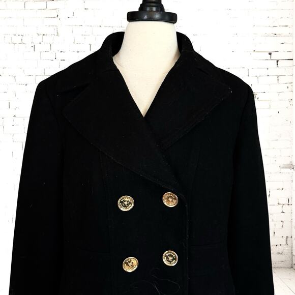 Michael Kors Black Pea Coat Sz XL Double Breasted Wool Blend Gold Buttons Preppy - Picture 4 of 9